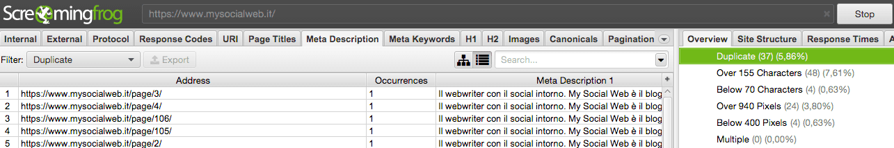 screaming-contenuti Verifica dei meta tag.