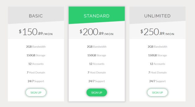 pricing table landing page