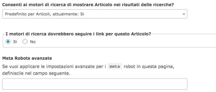 I campi di Yoast per impostare il meta tag robots.