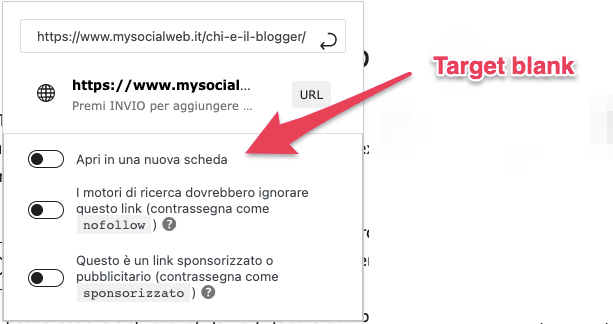 come inserire il target blank su WordPress