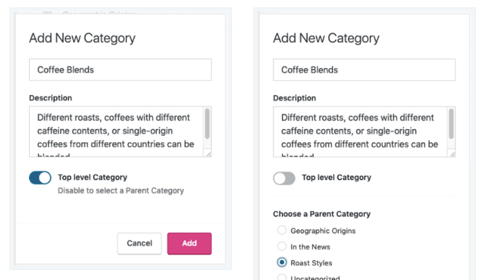 Esempio di editor per creare categorie WordPress.