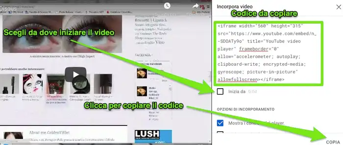 La schermata che mostra come copiare il codice HTML del tuo video