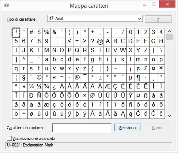 mappa caratteri windows
